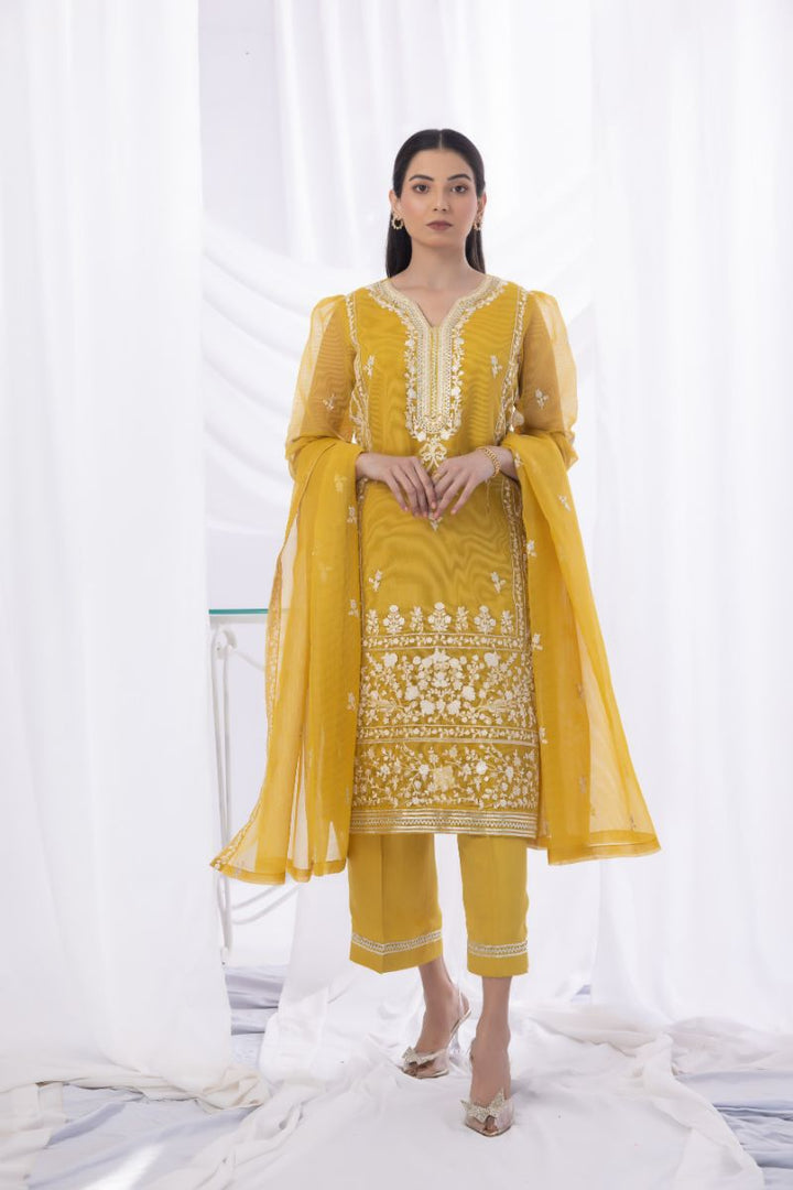 Sadia Aamir - Zar - Mustard - Khaddi Net - 3 Piece