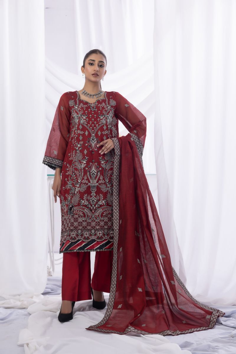 Sadia Aamir - Zeest - Red - Khaddi Net - 3 Piece