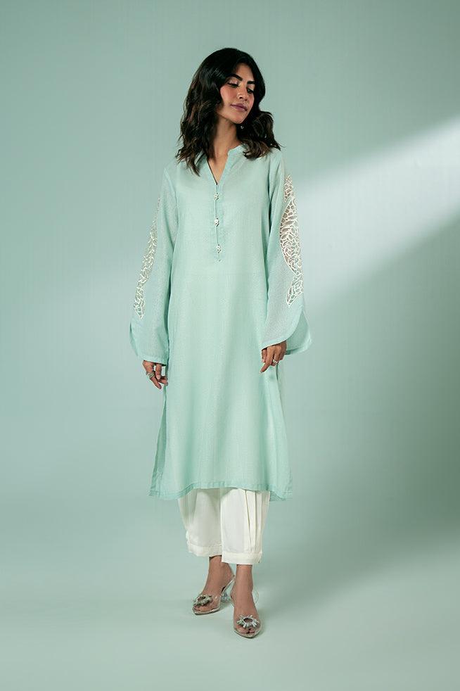 FOZIA KHALID  - Sky Blue Embroidered Kurta - Sky Blue - Karandi - 1 Piece