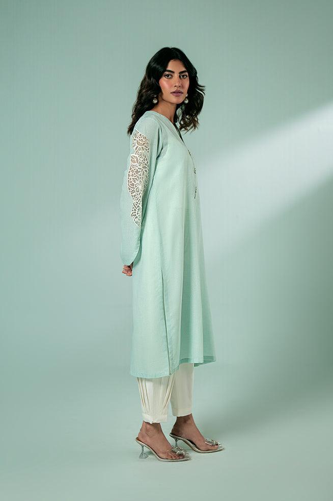 FOZIA KHALID  - Sky Blue Embroidered Kurta - Sky Blue - Karandi - 1 Piece