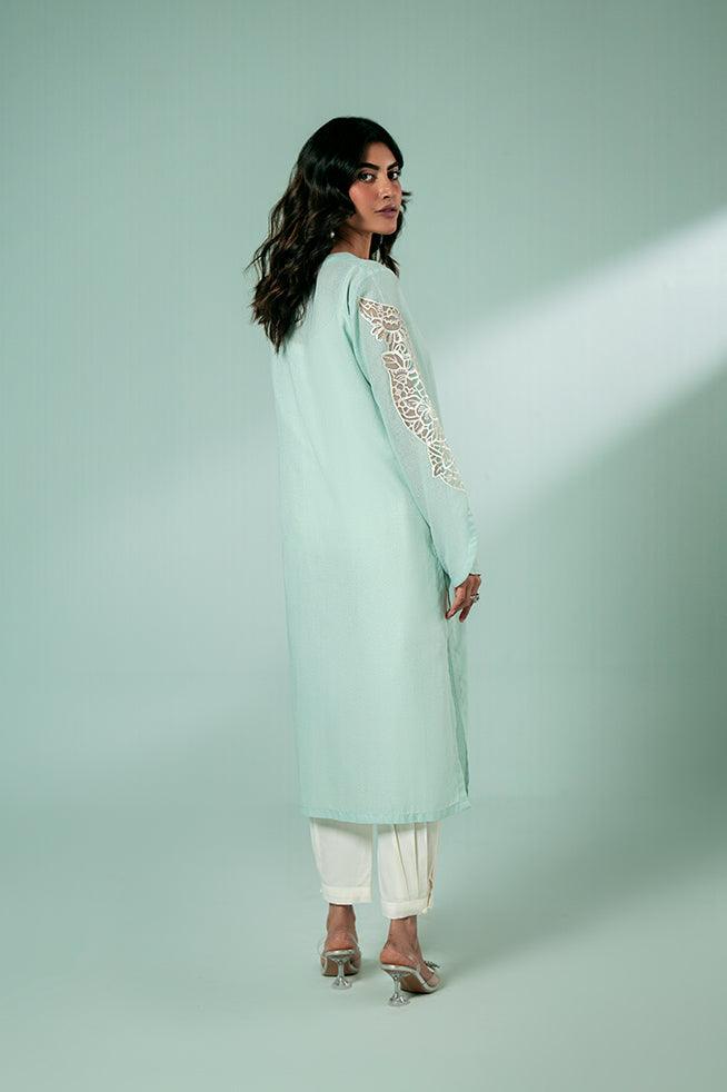 FOZIA KHALID  - Sky Blue Embroidered Kurta - Sky Blue - Karandi - 1 Piece