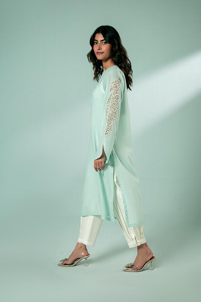 FOZIA KHALID  - Sky Blue Embroidered Kurta - Sky Blue - Karandi - 1 Piece