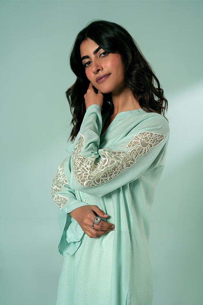 FOZIA KHALID  - Sky Blue Embroidered Kurta - Sky Blue - Karandi - 1 Piece