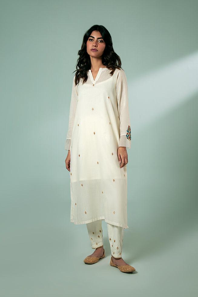 FOZIA KHALID  - Ivory Sprinkled Kurta Set - Ivory - Karandi - 1 Piece