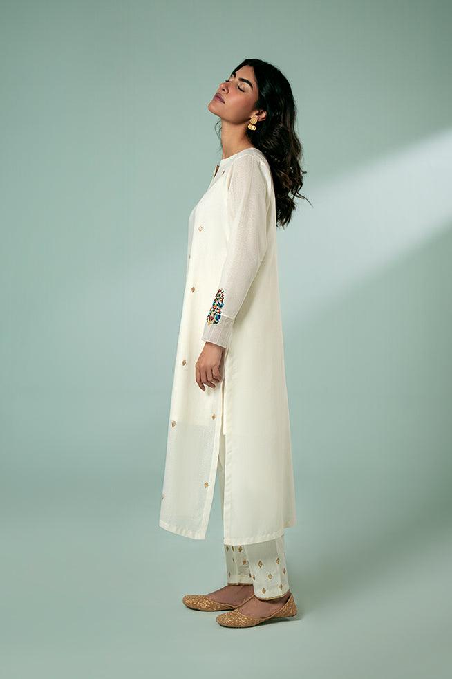 FOZIA KHALID  - Ivory Sprinkled Kurta Set - Ivory - Karandi - 1 Piece