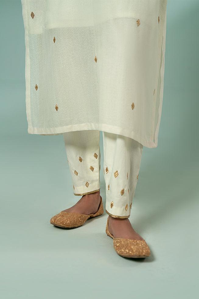 FOZIA KHALID  - Ivory Sprinkled Kurta Set - Ivory - Karandi - 1 Piece