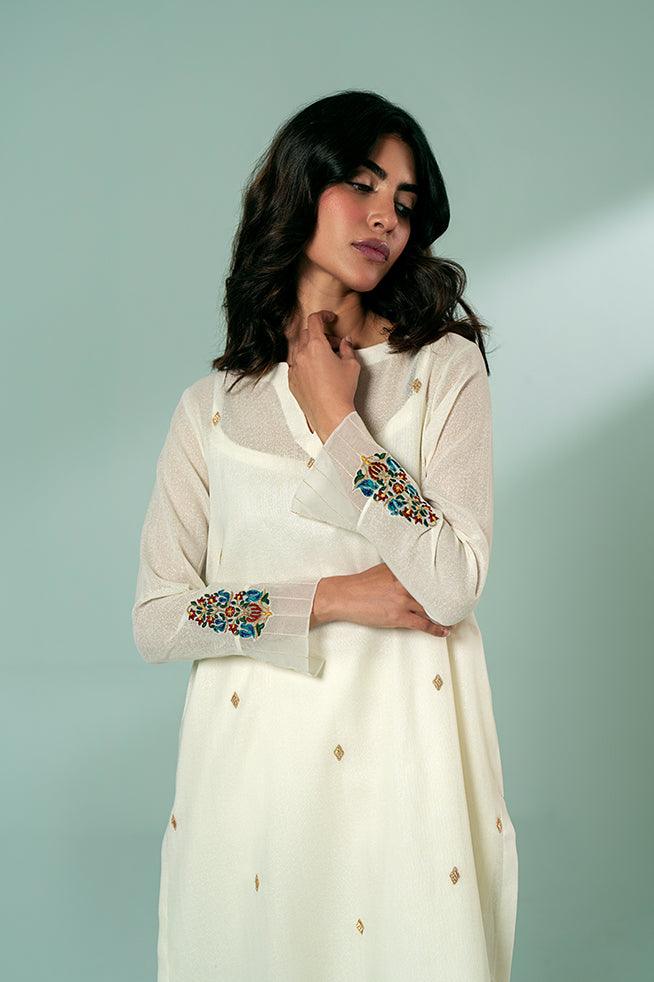 FOZIA KHALID  - Ivory Sprinkled Kurta Set - Ivory - Karandi - 1 Piece