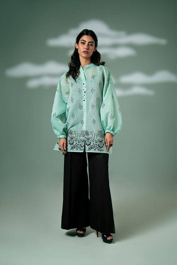 FOZIA KHALID  - Mint Green Peacock Tunic - Mint Green - Paper Silk - 1 Piece