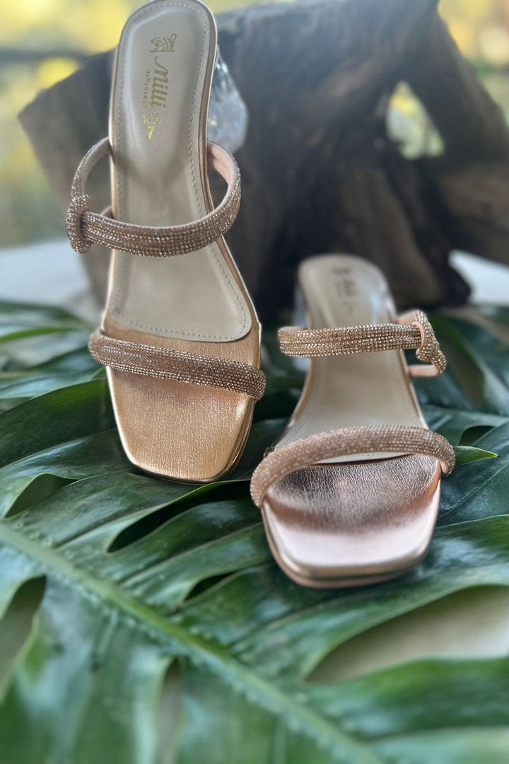 MILLI SHOES - Silver Double-Strap Embellished Sandals - Heels - Rose Gold - 1620