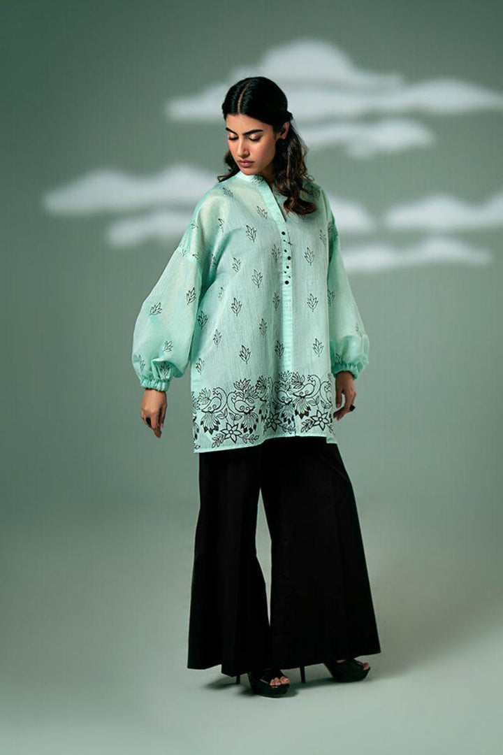 FOZIA KHALID  - Mint Green Peacock Tunic - Mint Green - Paper Silk - 1 Piece