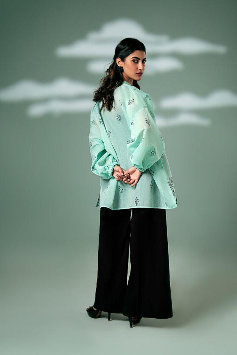 FOZIA KHALID  - Mint Green Peacock Tunic - Mint Green - Paper Silk - 1 Piece