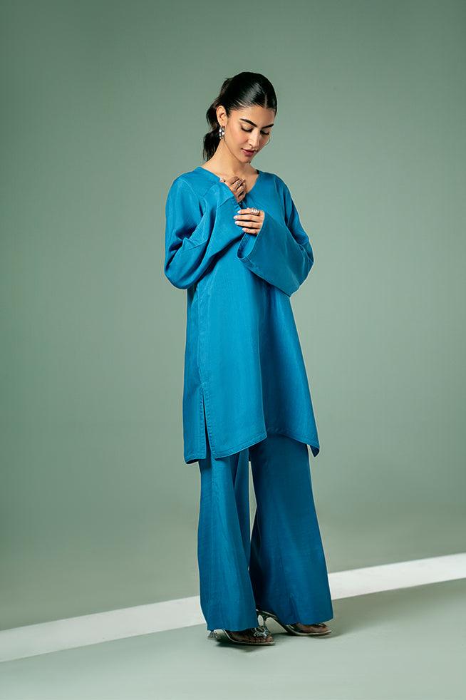 FOZIA KHALID  - Cyan Blue Co-ord Set - PK Silk - 2 Piece