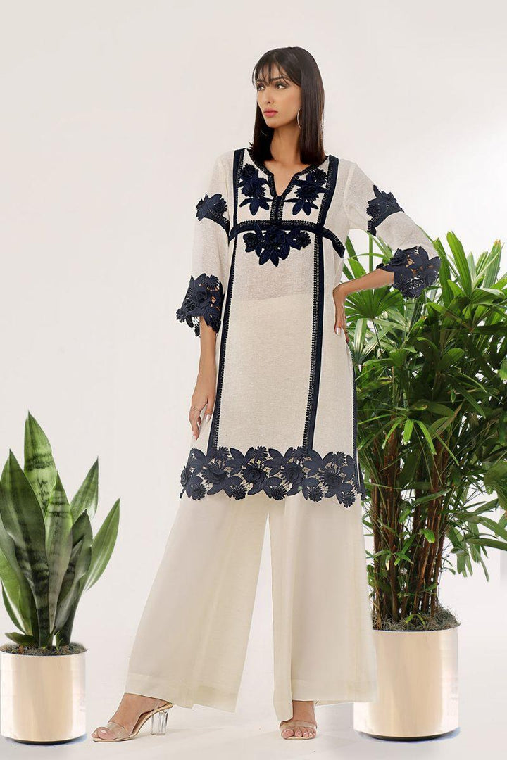 Rizwan Beyg - Runa Blue Long Shirt - Irish Linen - White & Blue - 1 Piece