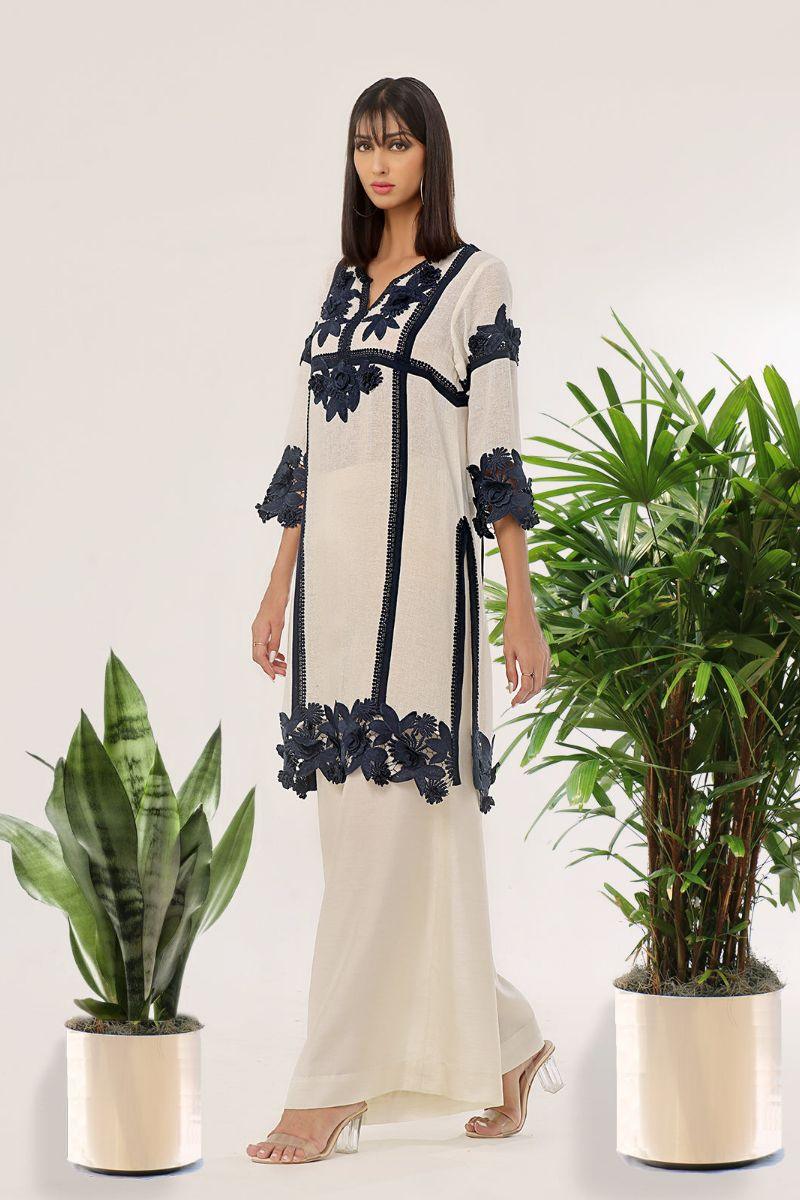 Rizwan Beyg - Runa Blue Long Shirt - Irish Linen - White & Blue - 1 Piece