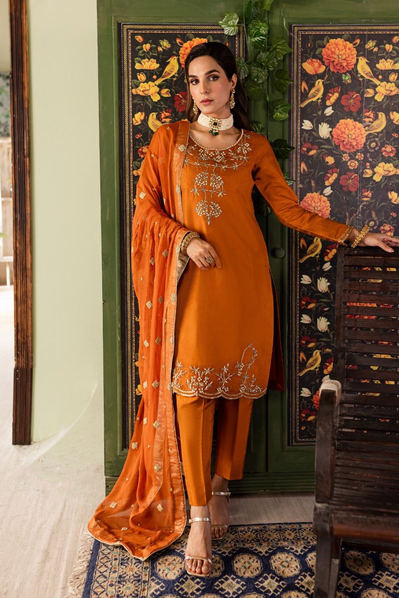 Allure by IH - MONA - Orange - Medium Raw Silk & Chiffon - 3 Piece