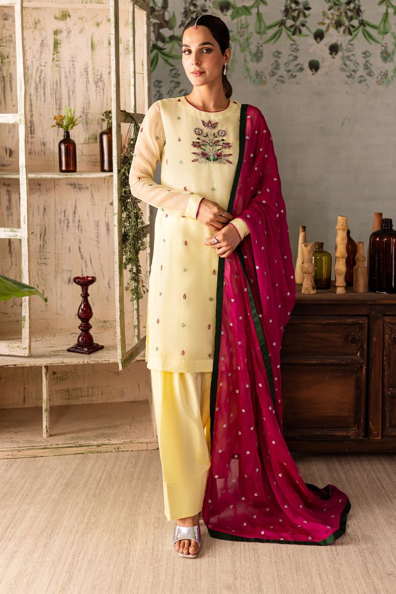 Allure by IH - ABEER - Lemon Yellow - Organza, Katan Silk & Chiffon - 3 Piece