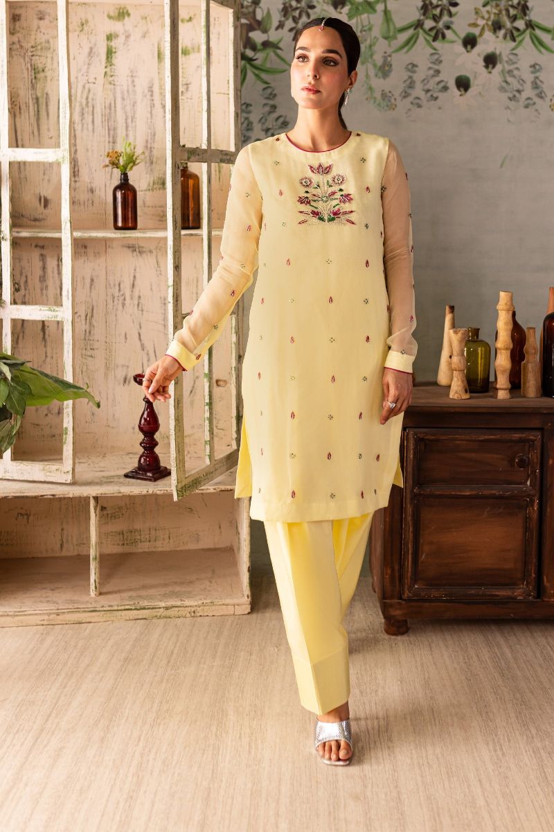 Allure by IH - ABEER - Lemon Yellow - Organza, Katan Silk & Chiffon - 3 Piece