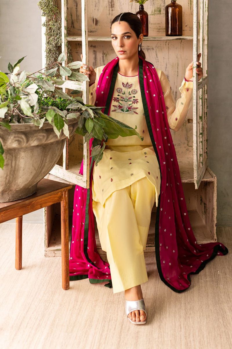 Allure by IH - ABEER - Lemon Yellow - Organza, Katan Silk & Chiffon - 3 Piece