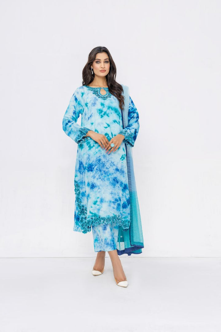 Anayra Amal - Aabshaar - Blue Tie & Dye - Dull Silk - 3 Piece