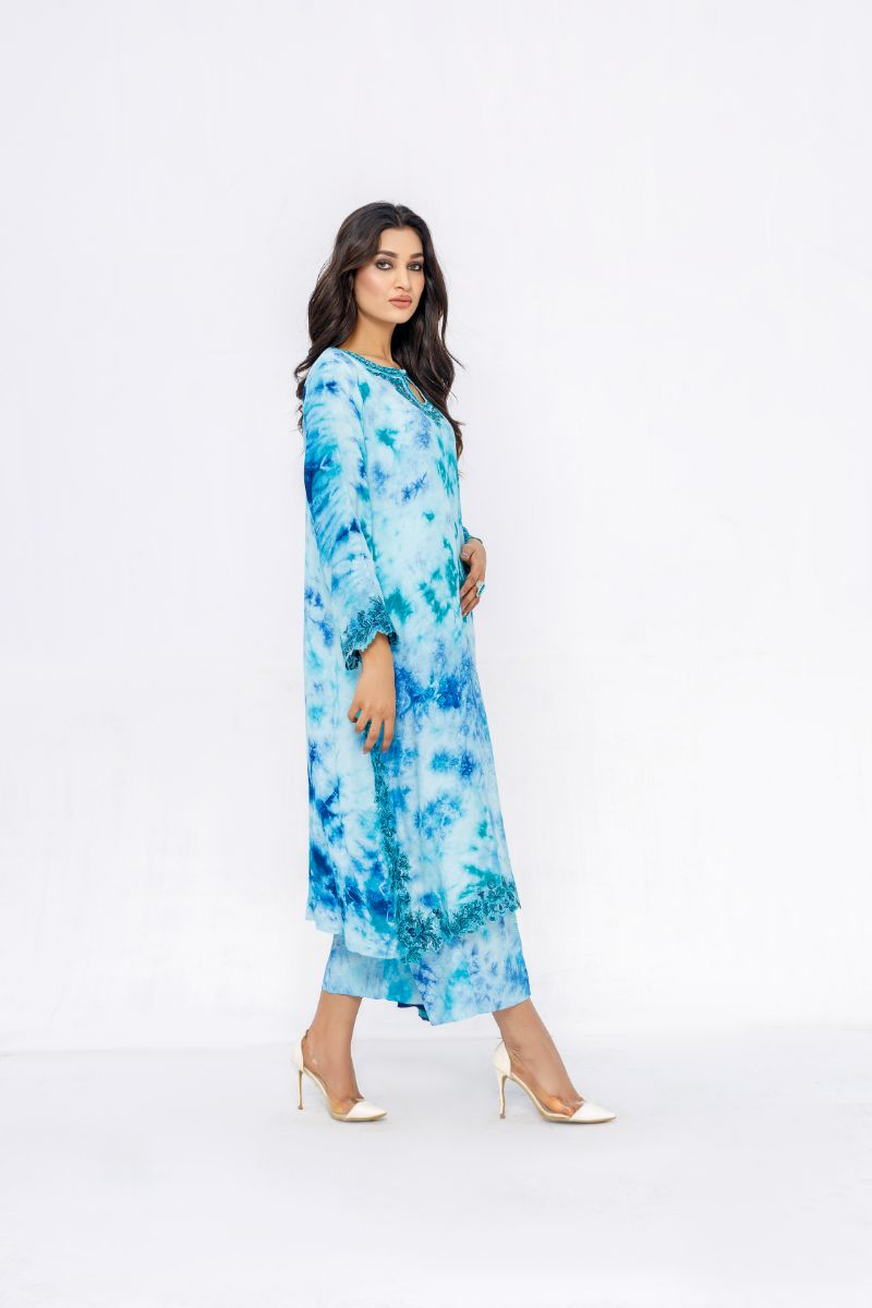 Anayra Amal - Aabshaar - Blue Tie & Dye - Dull Silk - 3 Piece