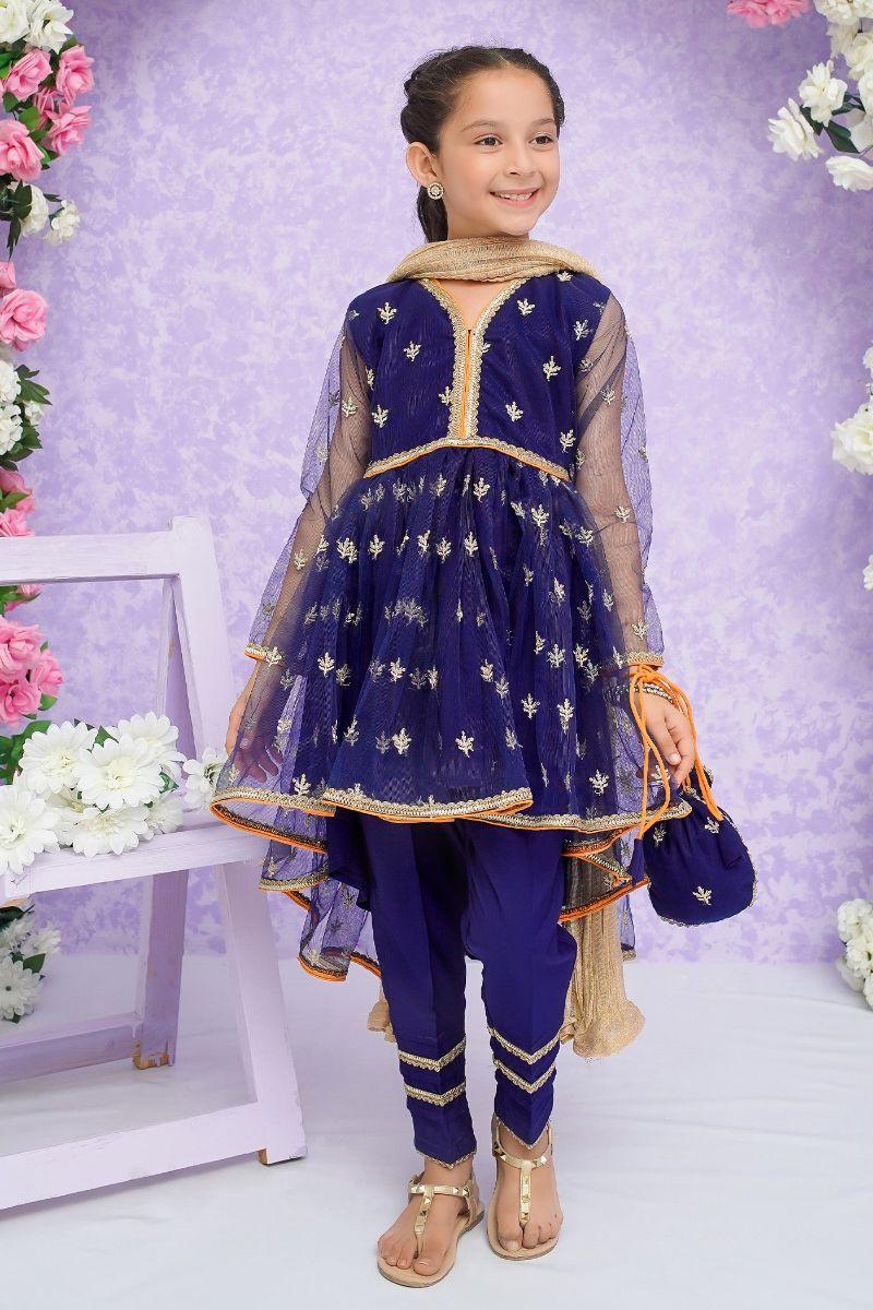 Modest - Zahri - Kids - Navy Blue - Net - Girls 3 Piece Suit