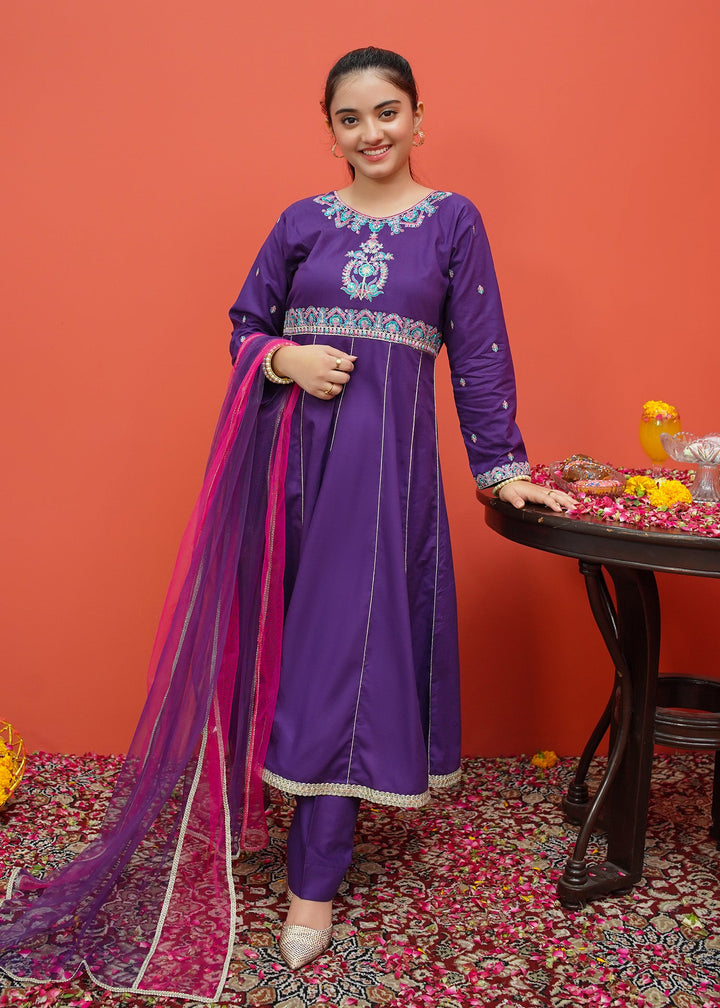 Modest - Purple Cambric Embroidered 3 Piece Suit | 8185