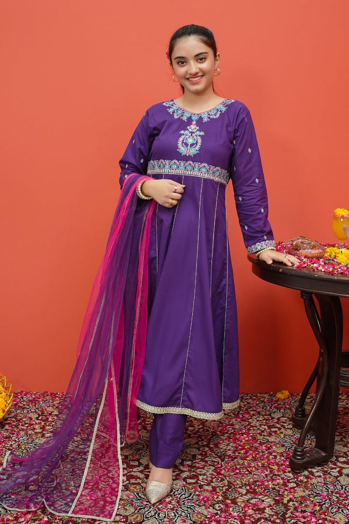 Modest - Purple Cambric Embroidered 3 Piece Suit | 8185