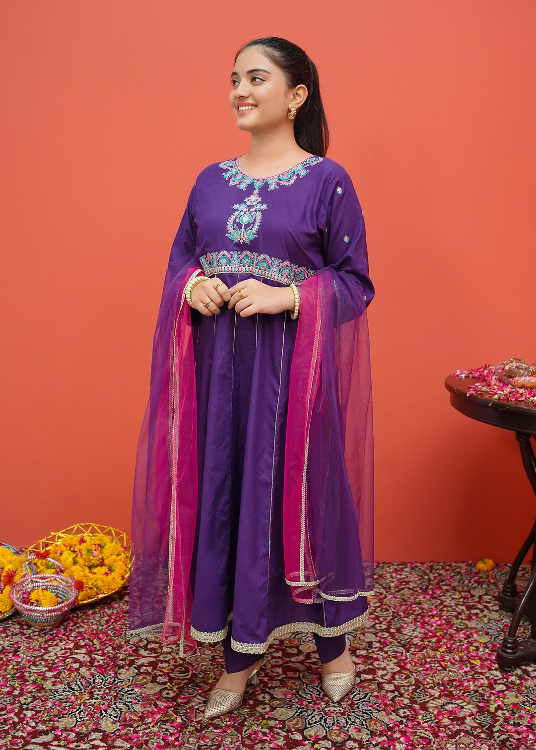 Modest - Purple Cambric Embroidered 3 Piece Suit | 8185