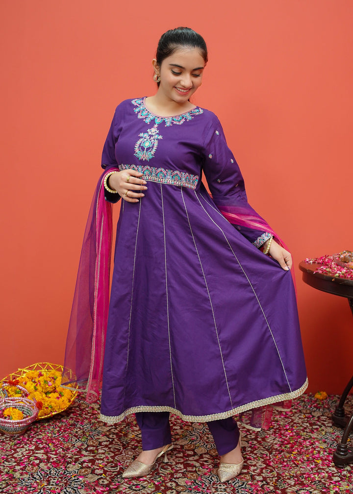 Modest - Purple Cambric Embroidered 3 Piece Suit | 8185