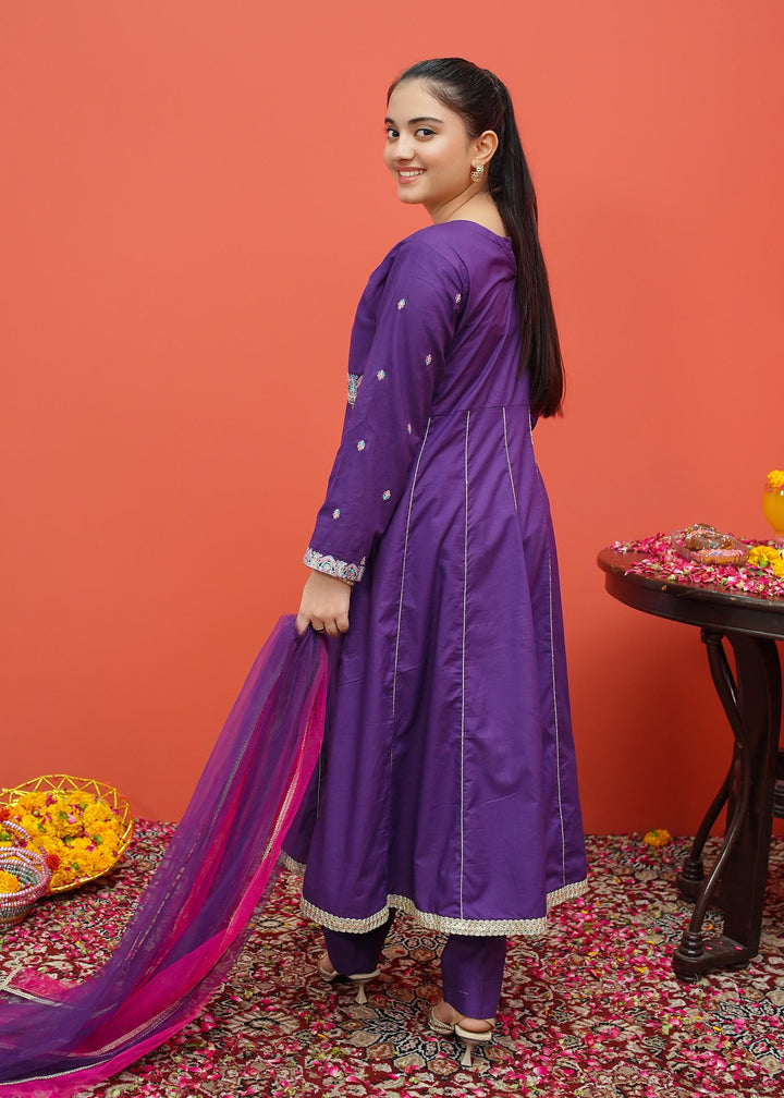 Modest - Purple Cambric Embroidered 3 Piece Suit | 8185