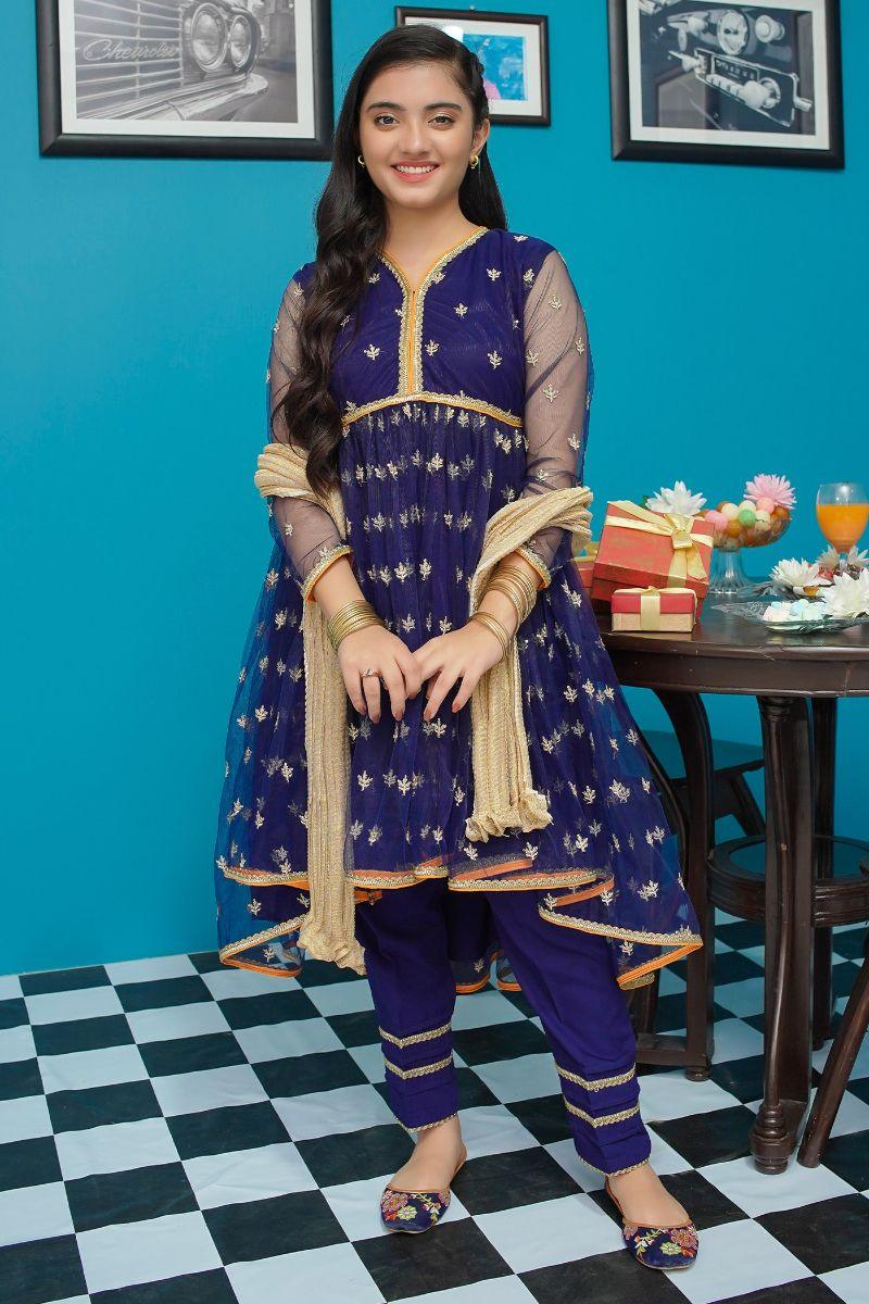 Modest - Zahri - Navy Blue - Net - Girls 3 Piece Suit