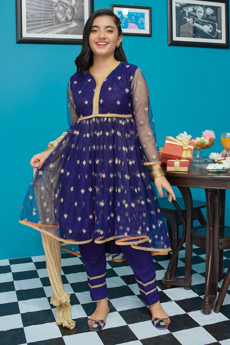 Modest - Zahri - Navy Blue - Net - Girls 3 Piece Suit