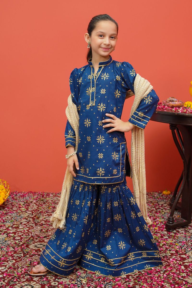 Modest - Blue Cambric Printed 3 Piece Suit | 8555