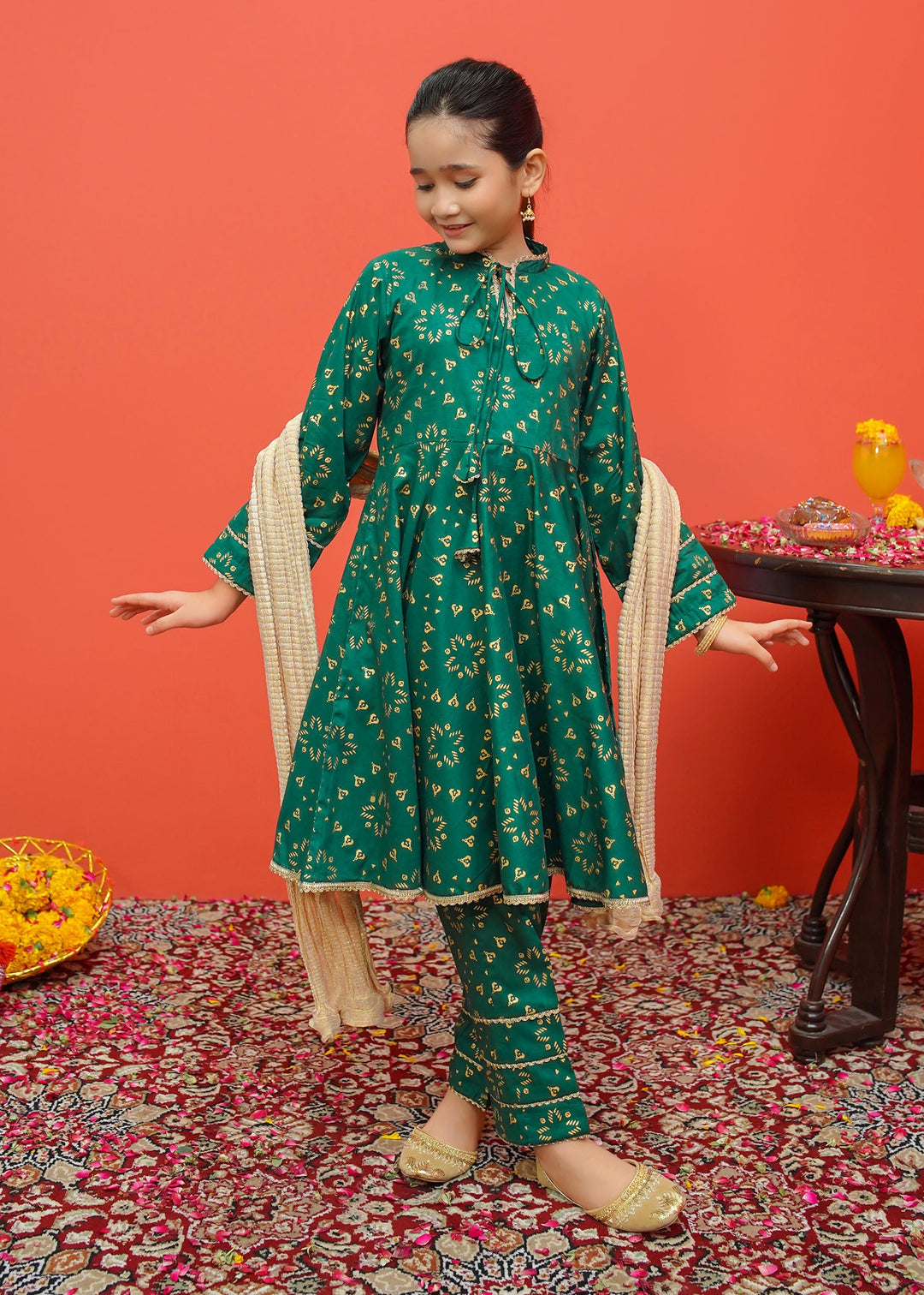 Modest - Green Cambric Printed 3 Piece Suit | 8525