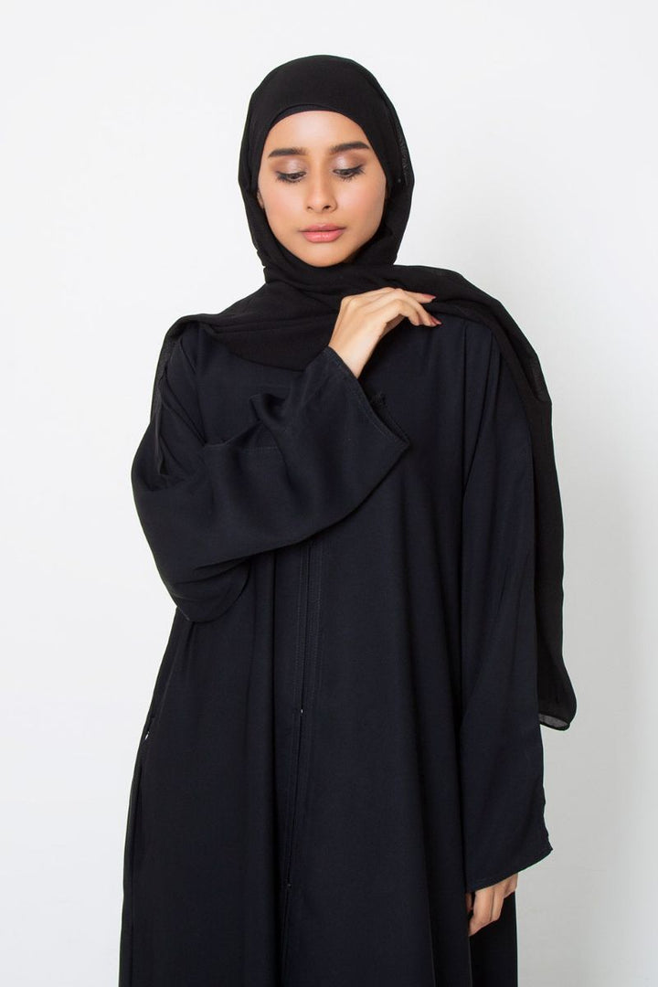 Abaya.pk - Black Basic Front-Open Abaya & Hijab - Chiffon & Nada Fabric