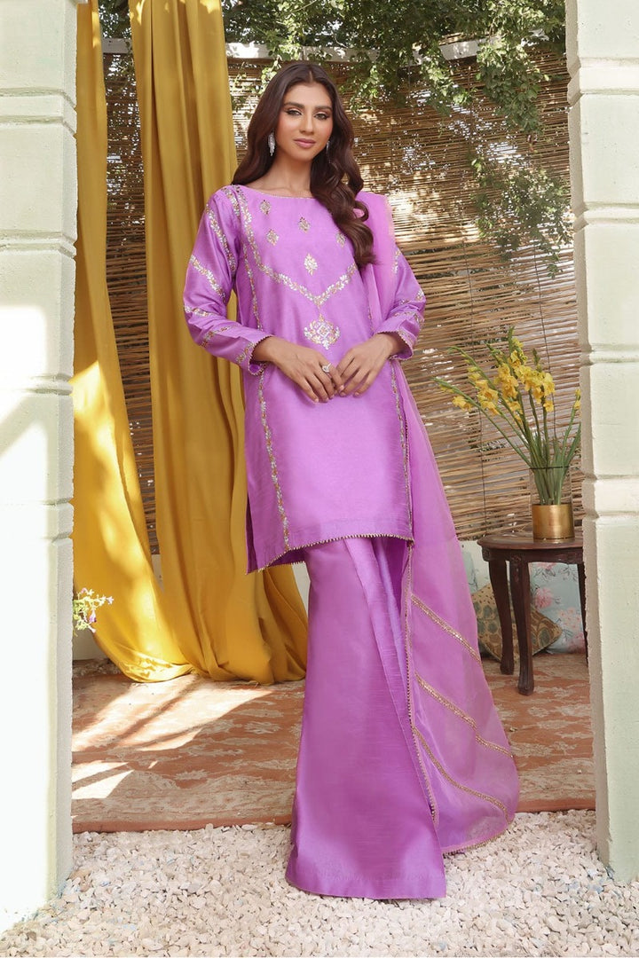 Sanas - Lorex Embroidered Raw Silk 3 Piece Suit - SHIREEN FESTIVE - S202281 - Purple