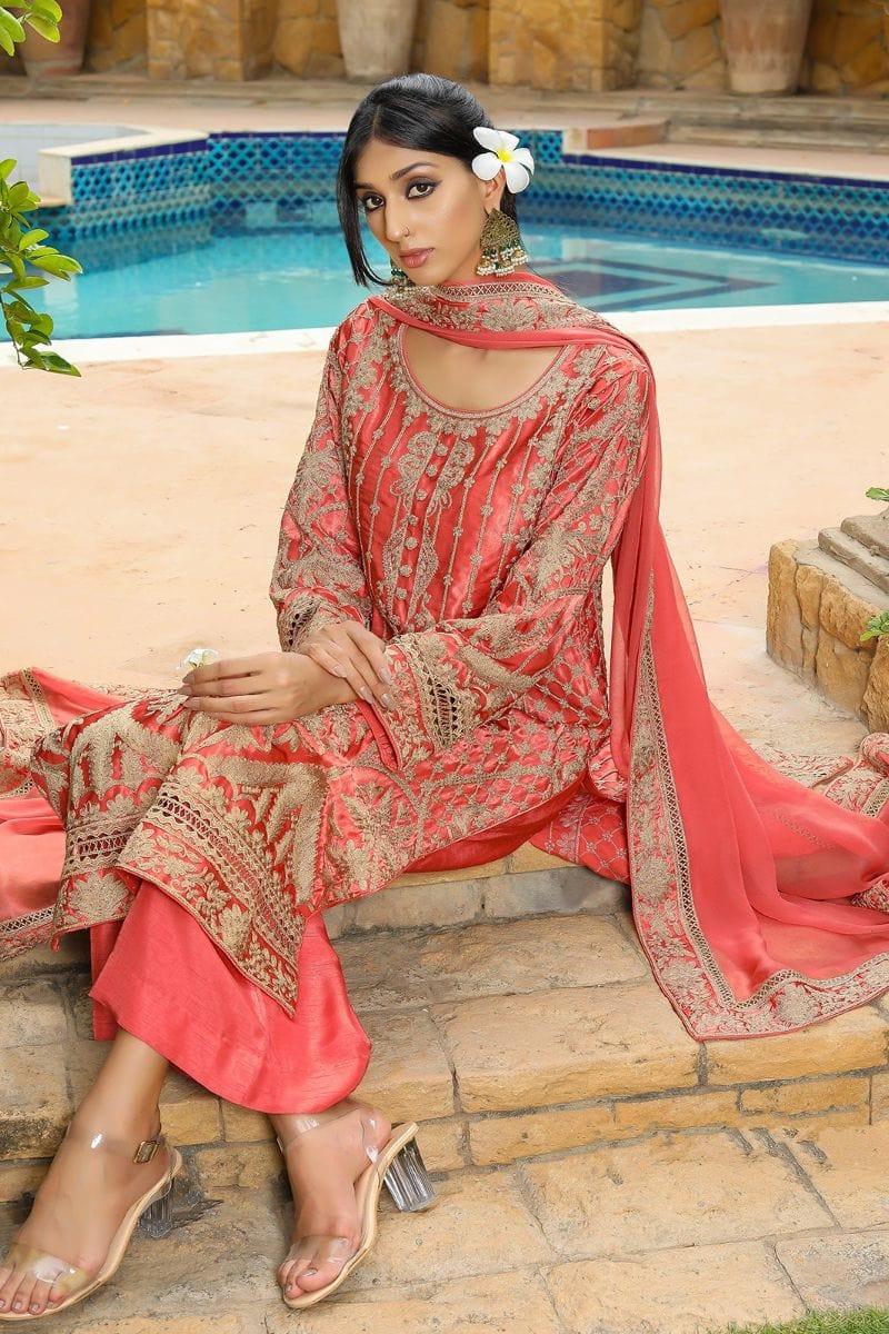 Rizwan Beyg - Espania Watermelon - Satin - Rust - 2 Piece - Studio by TCS