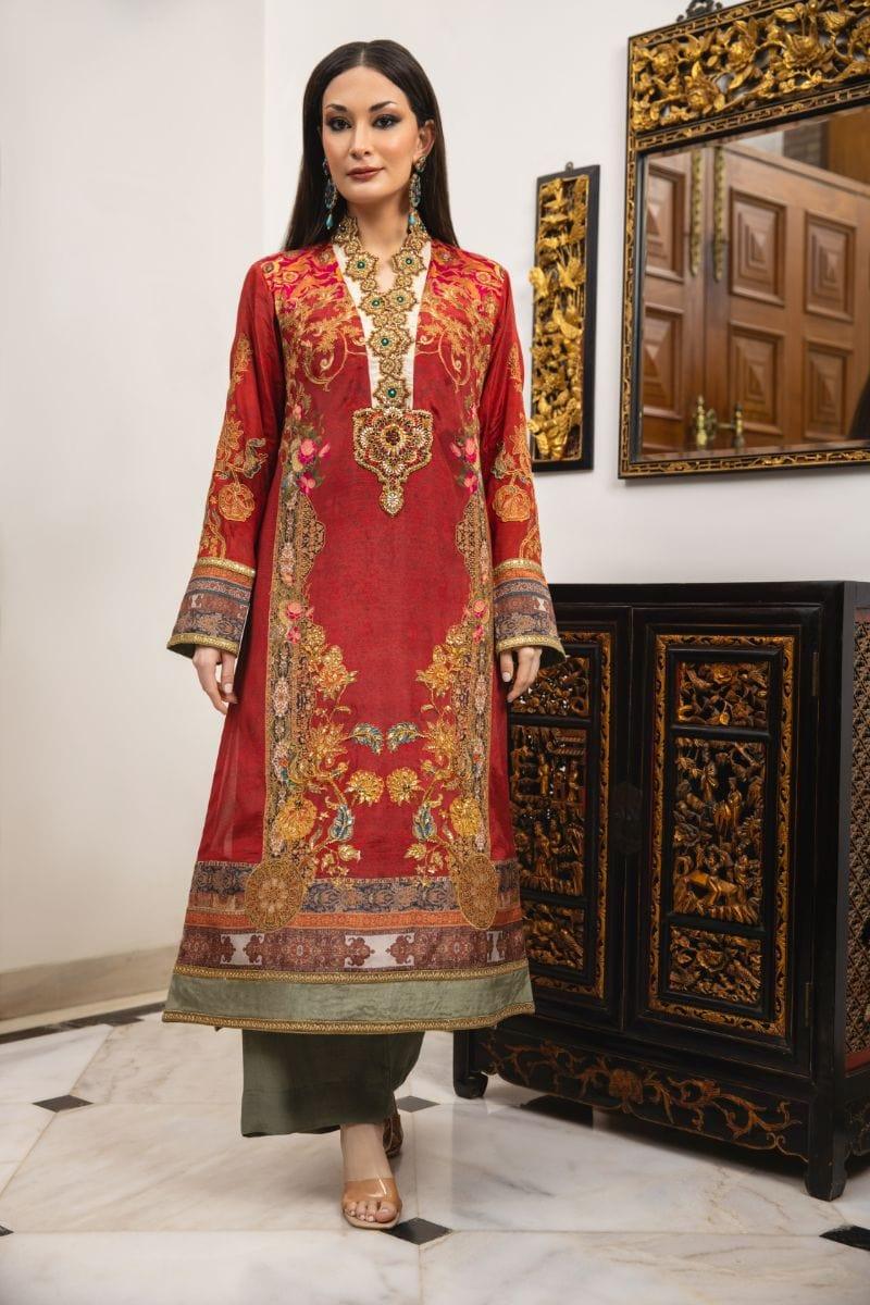 Shamaeel - Mashl - Bright hues of burnt orange and red printed in silk - 2 Piece - Studio by TCS