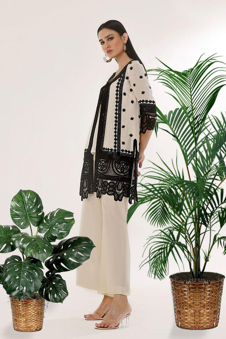 Rizwan Beyg - Amal Front Open Coat - Irish Linen - White & Black - 1 Piece