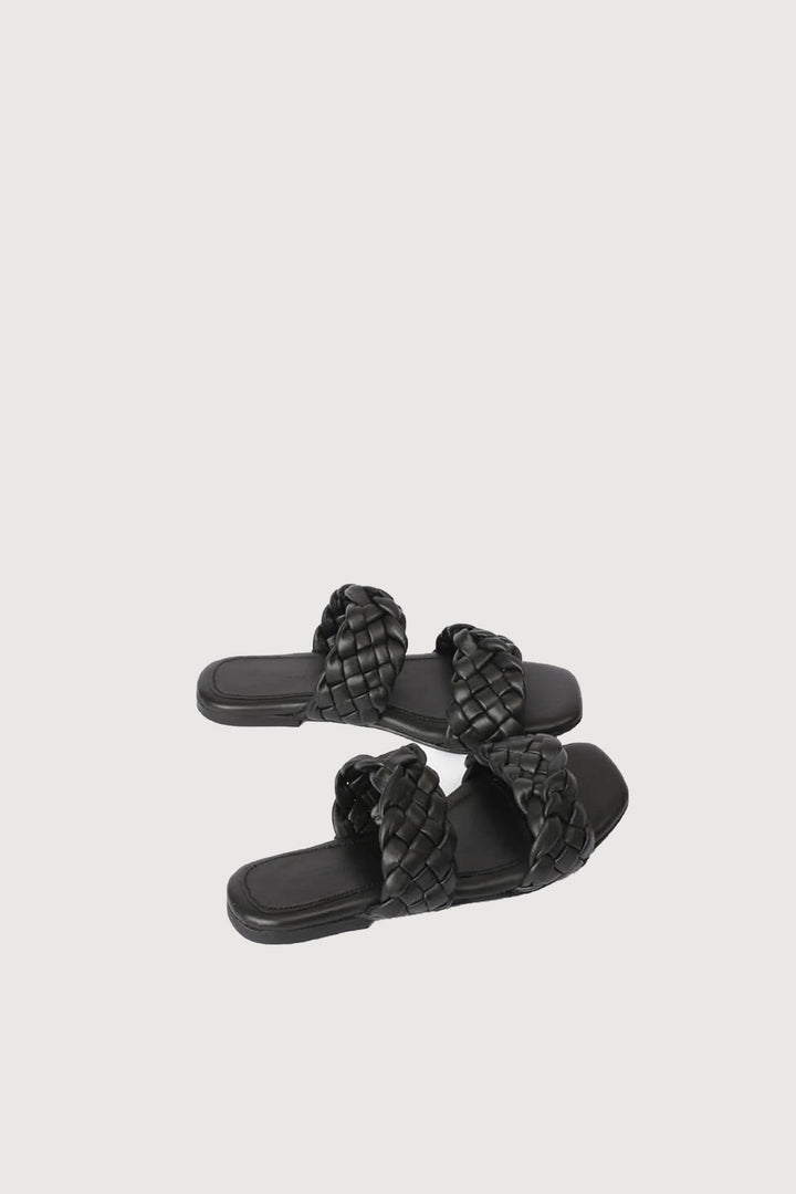 Novado - Flat 2 Strap Leather Sandal with Large Woven Design - Black