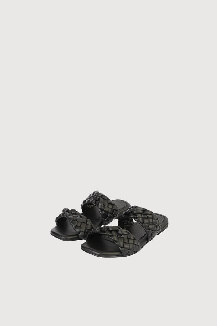 Novado - Flat 2 Strap Leather Sandal with Large Woven Design - Black