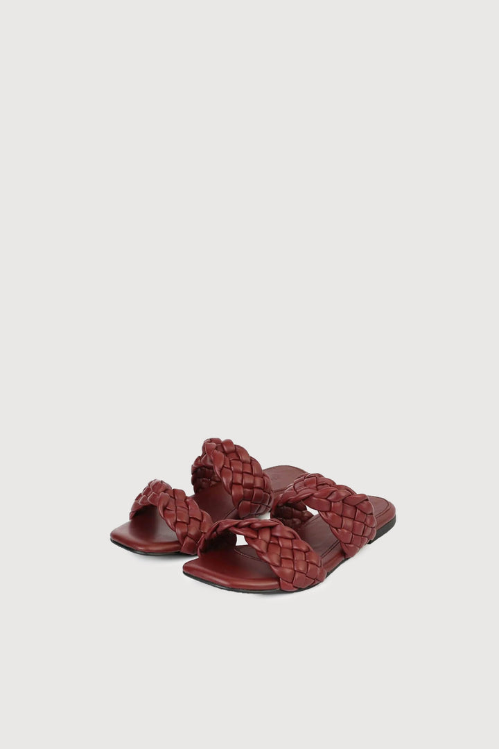 Novado - Flat 2 Strap Leather Sandal with Large Woven Design - Maroon