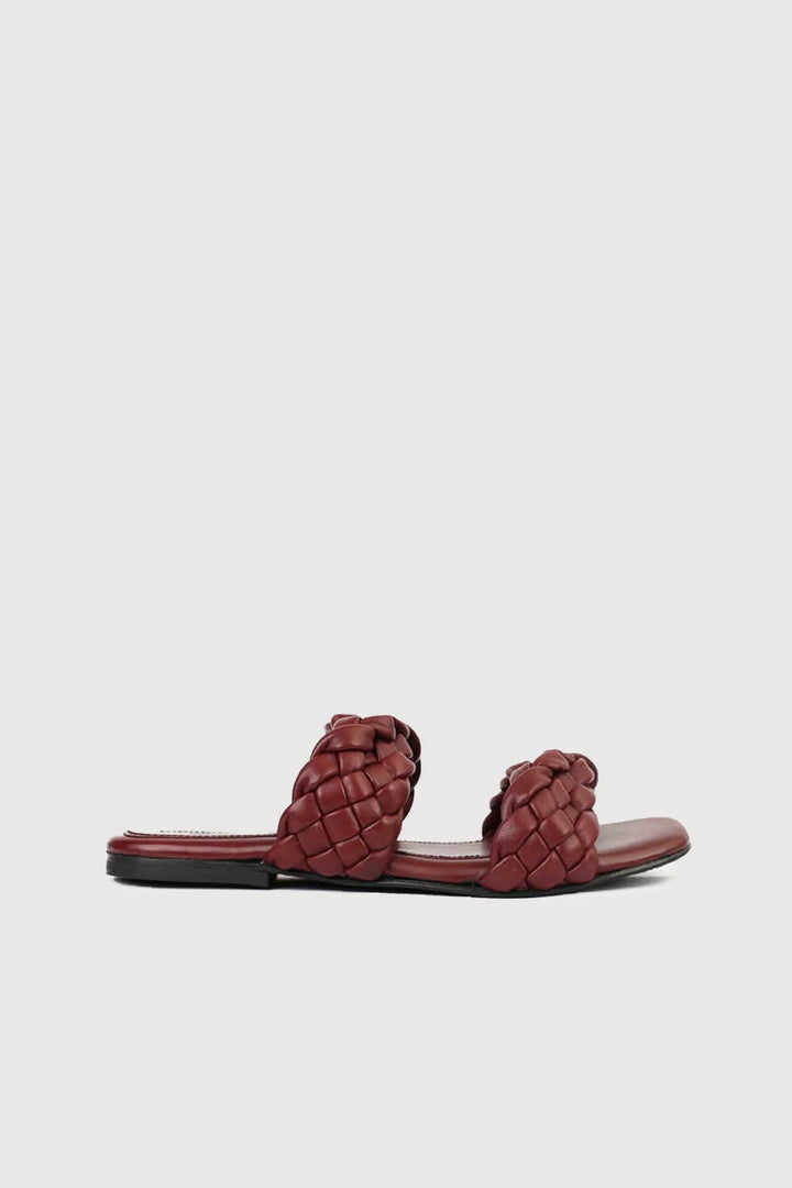 Novado - Flat 2 Strap Leather Sandal with Large Woven Design - Maroon