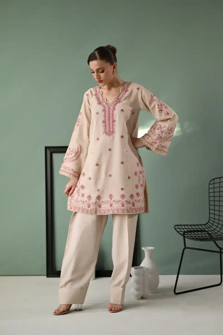 Zaib - IVORY SKIN LUXURY EMBROIDERED KARANDI SET (NEL-24626) -3 Piece