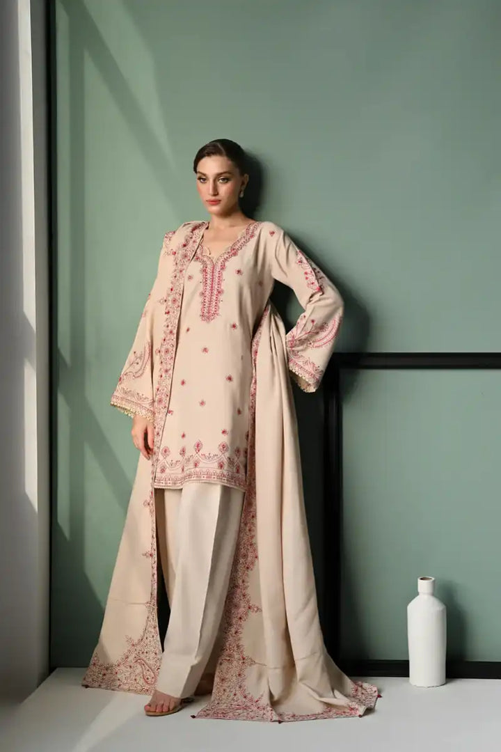 Zaib - IVORY SKIN LUXURY EMBROIDERED KARANDI SET (NEL-24626) -3 Piece