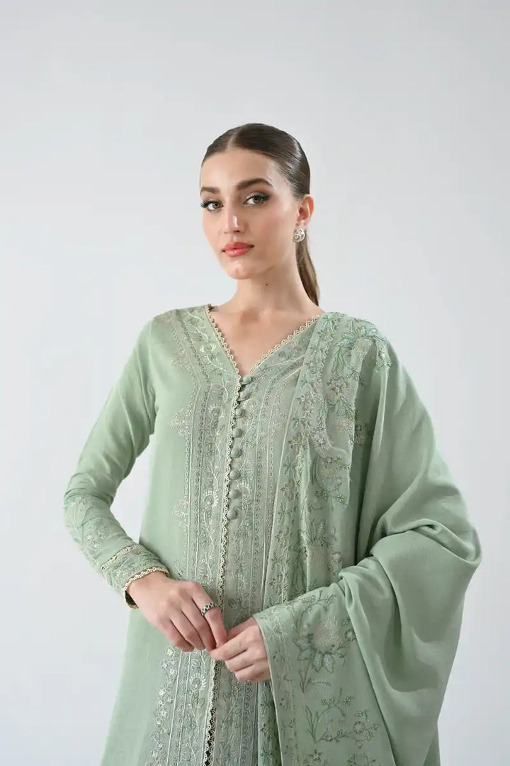 Zaib - GLACIAL PASTEL GREEN LUXURY EMBROIDERED KARANDI SET (NEL-24627) -3 Piece