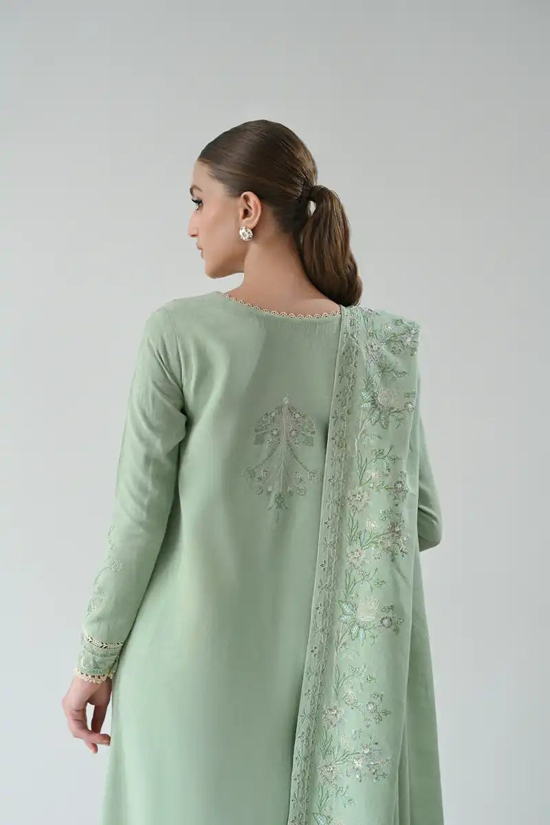 Zaib - GLACIAL PASTEL GREEN LUXURY EMBROIDERED KARANDI SET (NEL-24627) -3 Piece