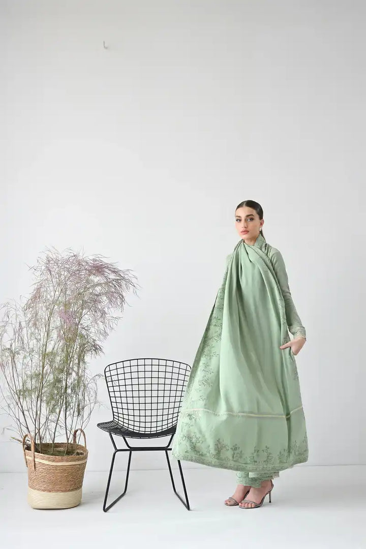 Zaib - GLACIAL PASTEL GREEN LUXURY EMBROIDERED KARANDI SET (NEL-24627) -3 Piece