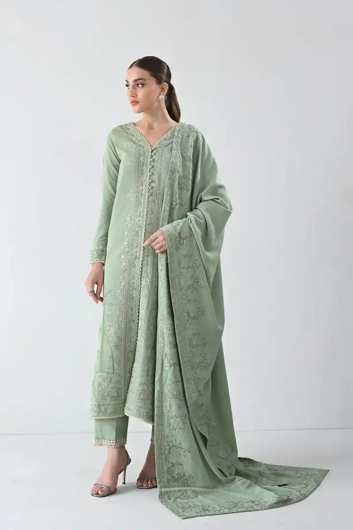 Zaib - GLACIAL PASTEL GREEN LUXURY EMBROIDERED KARANDI SET (NEL-24627) -3 Piece