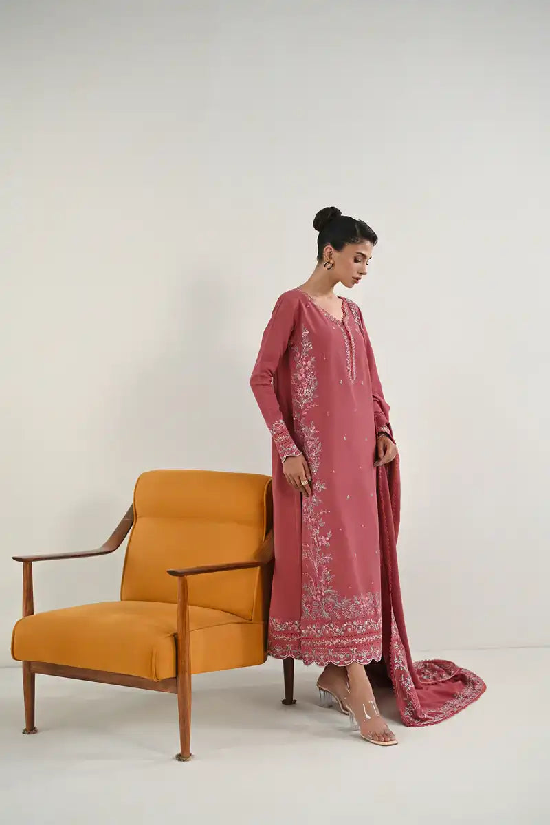 Zaib - ROSEWOOD PINK LUXURY EMBROIDERED KARANDI SET (NEL-24628) -3 Piece